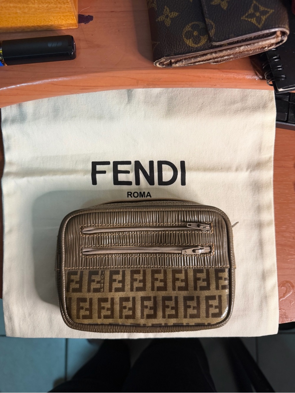Authentic Fendi Brown Zucca Monogram Toiletry Bag with Leather Trim and dust bag
